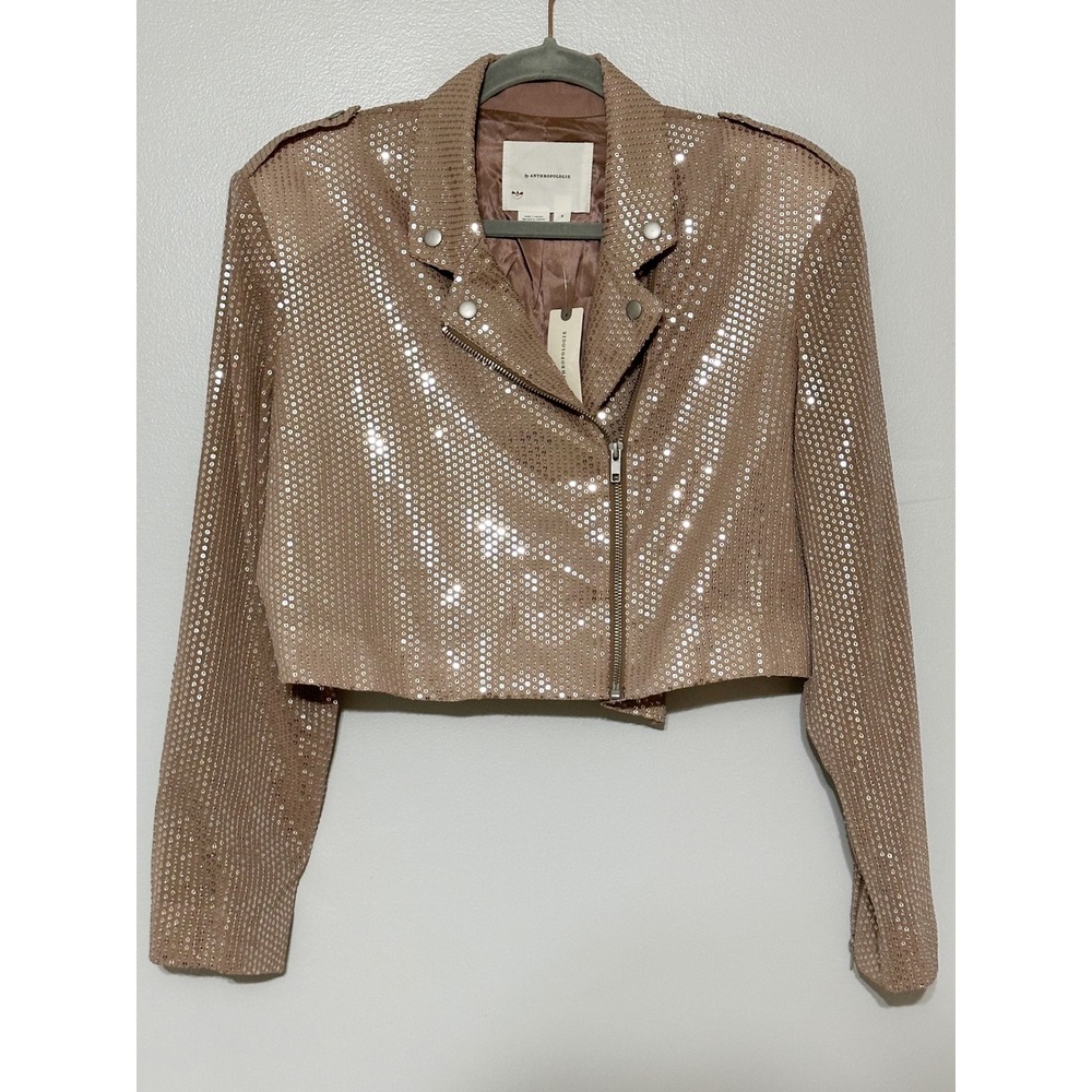 New Anthropologie Cropped Sequin Moto Jacket Women's Size Small in Rose Gold